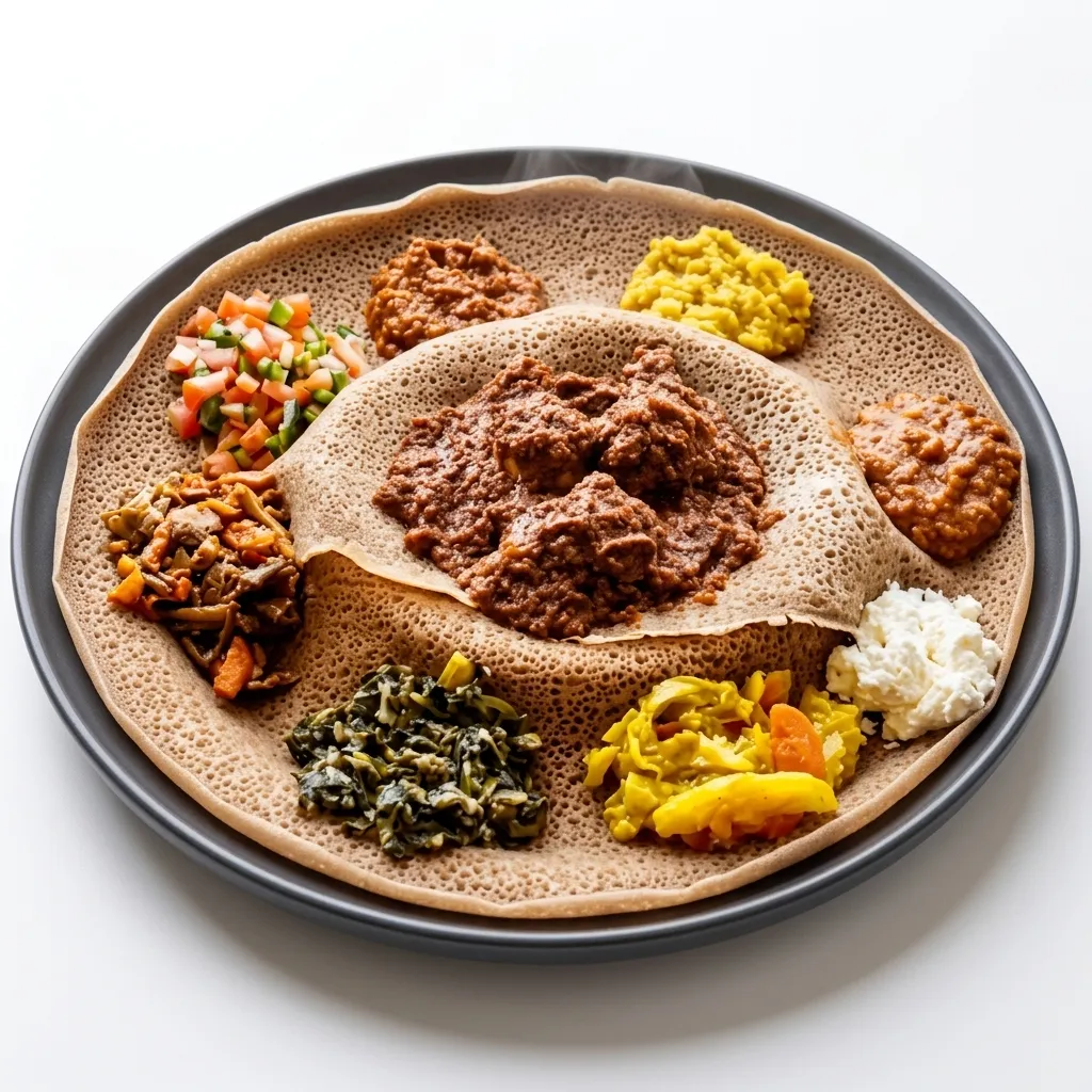 Injera combination platter with assorted stews at Rimyya Friendship Eritrean and Ethiopian restaurant Winnipeg